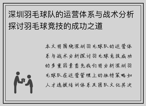 深圳羽毛球队的运营体系与战术分析探讨羽毛球竞技的成功之道